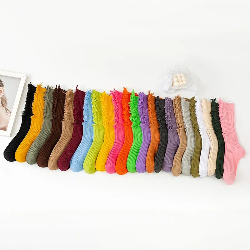 HF Fashion Cartoon Breathable Crew Ripped Beggar Stacked Tube Women's Socks 100% Cotton