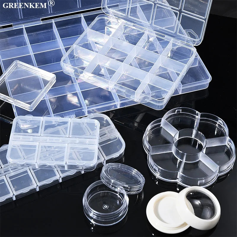 New 24/12/7/6/1 Grid Nail Charms Storage Box Transparent Plastic Nail Rhinestones Packaging Box Nail Storage Box