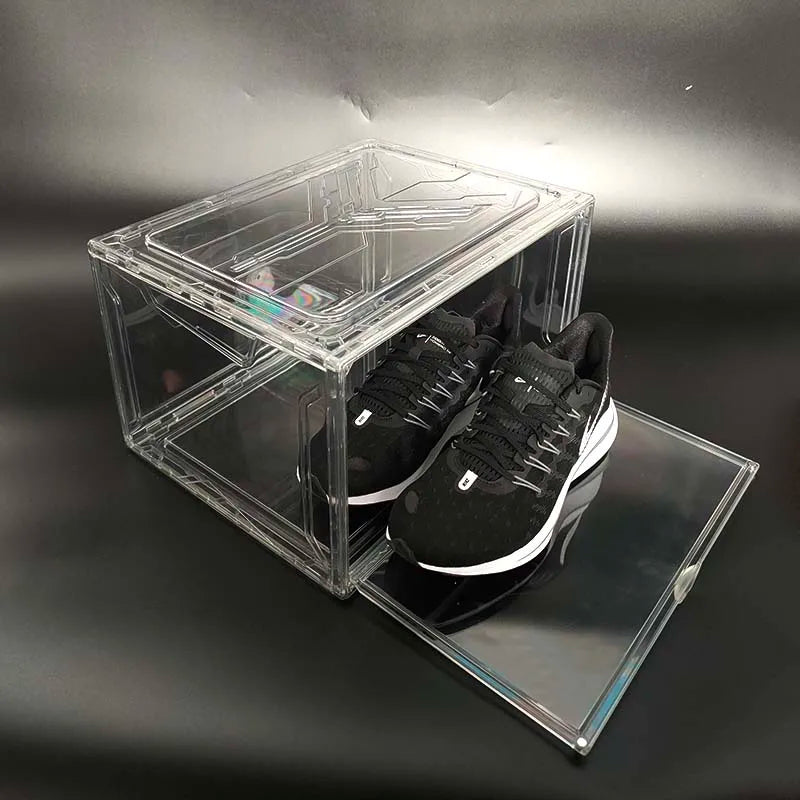 Transparent  Plastic Unique Magnetic Shoe Box Storage Organizer Stackable Sneaker Collapsible  Shoe Container Box