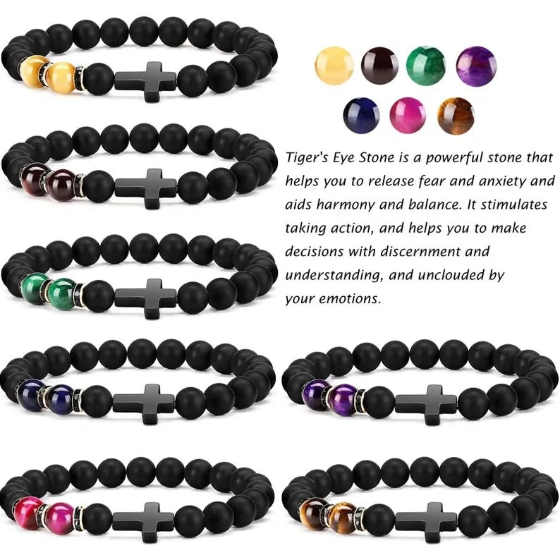 High Quality 8mm Tiger Eye Matte Black Agate Beaded Charm Cross Natural Stone Bracelet Jewelry for Women Men