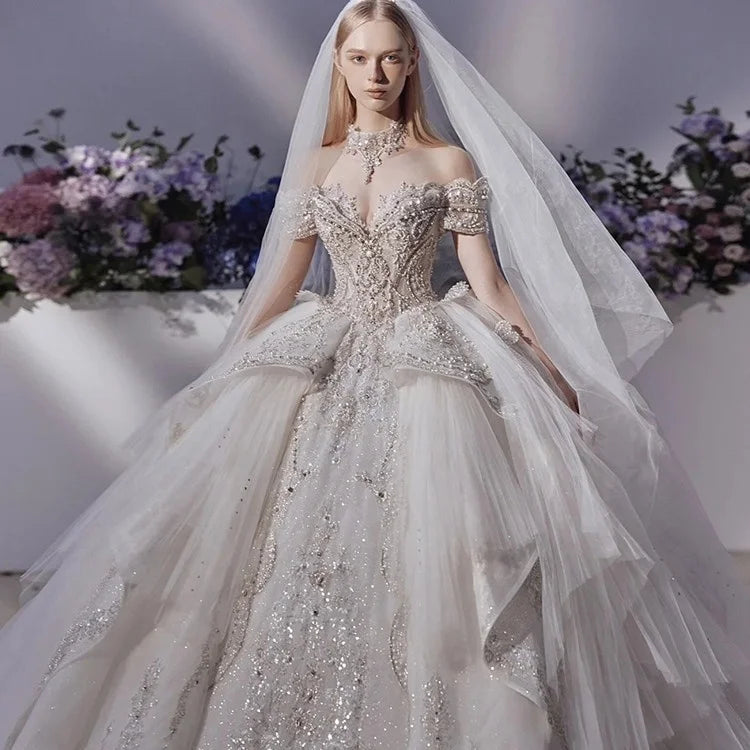 2023 New Fairy Lace Wedding Dress Luxury Embroidery Train Wedding Dress Elegant Long Sleeve Sequin Wedding Dress