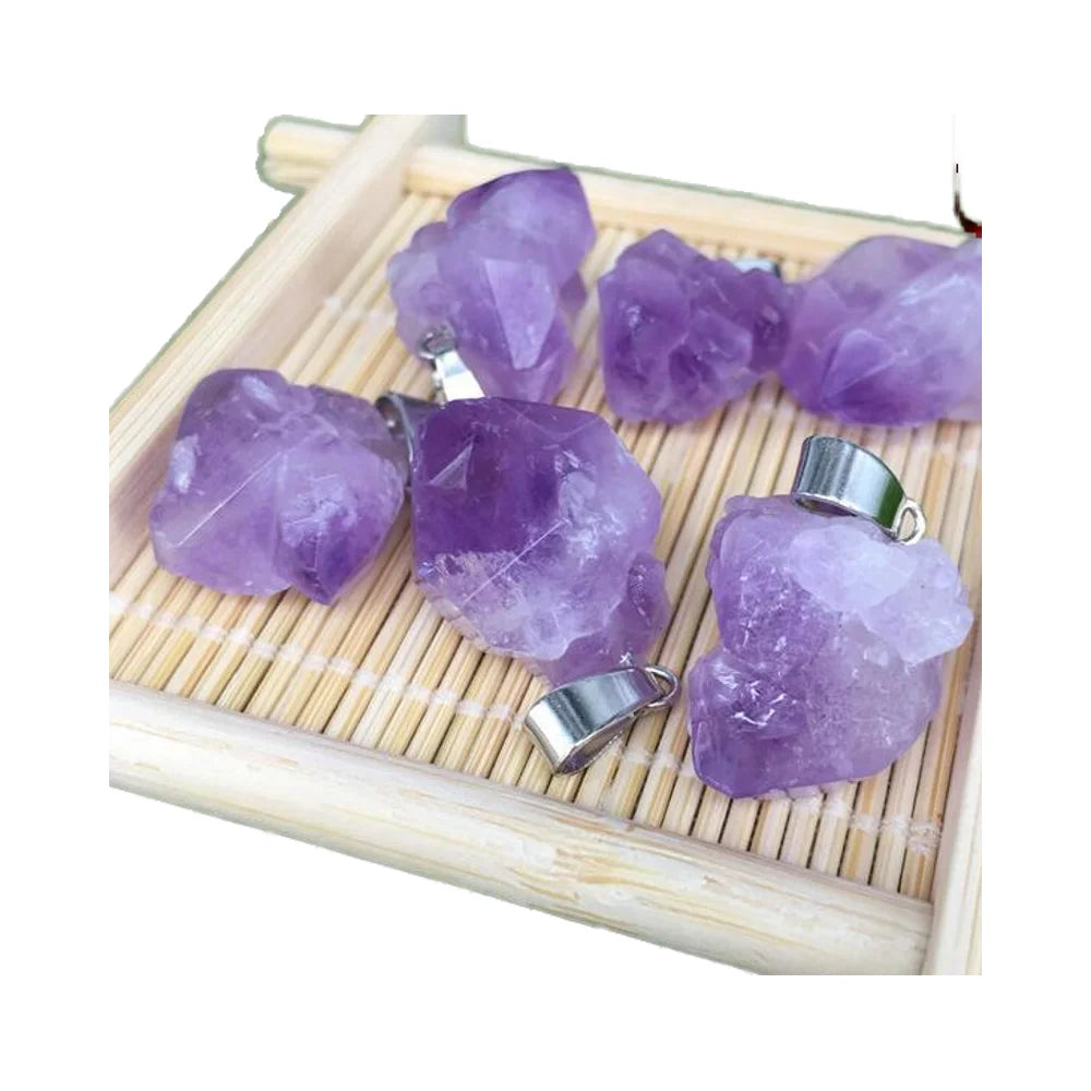 Natural Amethyst Crystal Pendant Necklace Energy Healing Stones for Women & Men Silver Jewelry