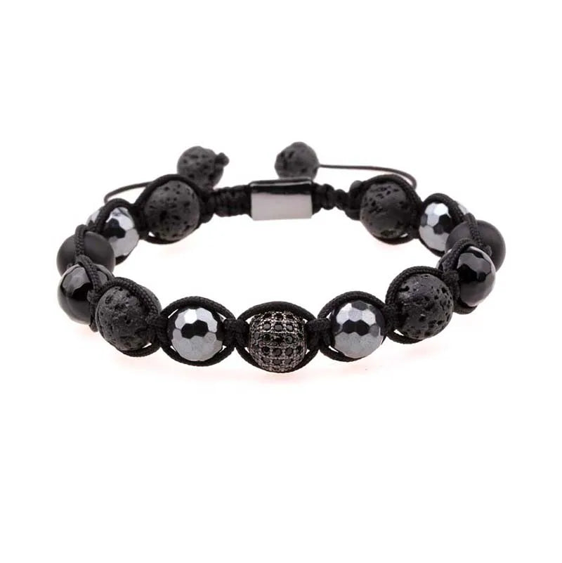 Natural Lava Stone Hematite Lava Stone Matte Black Agate Beads CZ Pave Disco Ball Macrame Men Jewelry Bracelet
