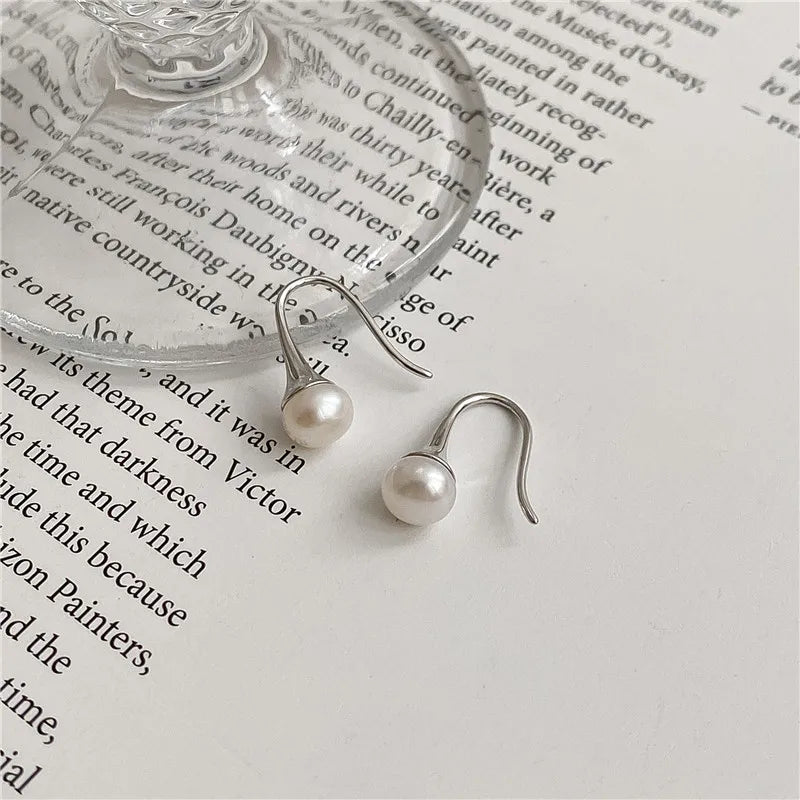 S925 Sterling Silver Simple Trendy Natural Freshwater Pearl Drop Hook Earrings for Women Girls Gifts