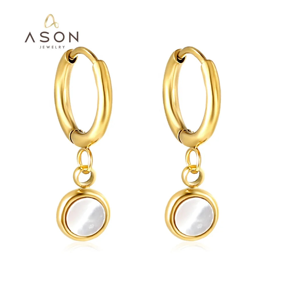 Ason Fashion Jewelry Personalised Dainty Stainless Steel 18K Gold Plated Minimalist White Shell Hoop Earrings for Women Girls