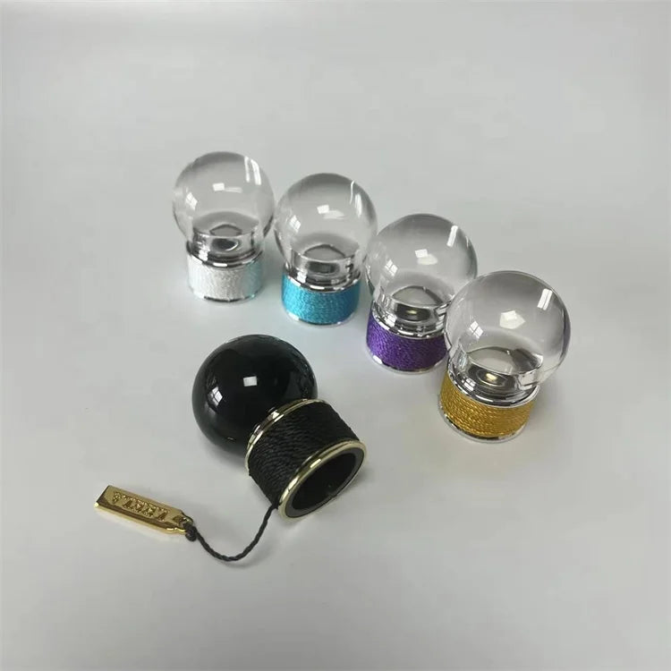 Transparent Plastic 15mm Round Perfume Bottle Lids with Shiny Gold Label and Rope Non-Spill Cap 10ml Capacity Crimp Closure