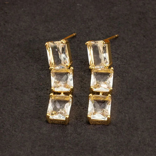 EC1962 23 Womans Fashion Simple Dainty 18k Gold Plated Triple Rectangular CZ Crystal Diamond Drop Charm Stud Earrings