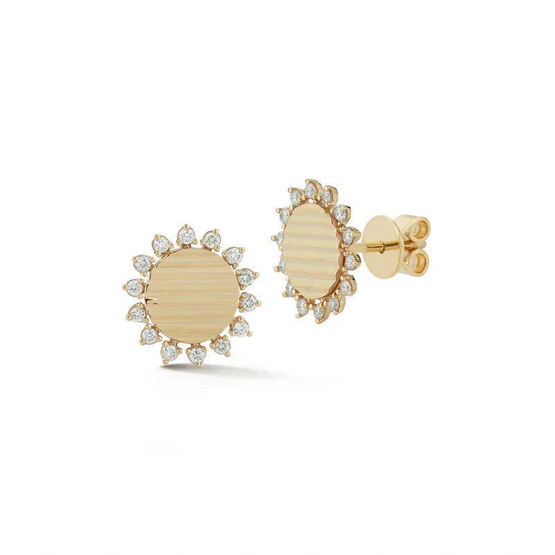 LOZRUNVE 14k 18k Gold Prong Setting Diamond Wave Texture Sun Stud Earring Sterling Silver 925