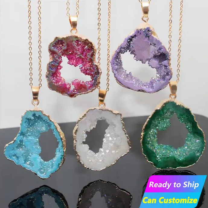 Wholesale Natural Crystal Healing Stone Art rare Agate Crystal Cluster Gemstone Necklace Diy Jewelry Agate Slice Pendant