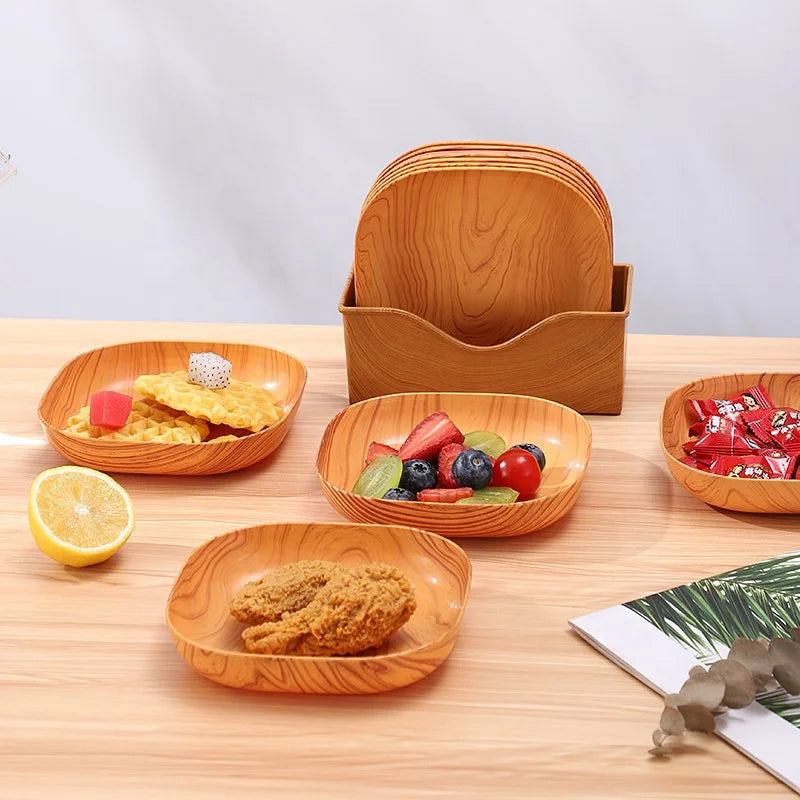Tableware Set Wood Grain Color Fruit Cake Food Storage Plastic Tray Dessert Snack Dishes Plastic Plates