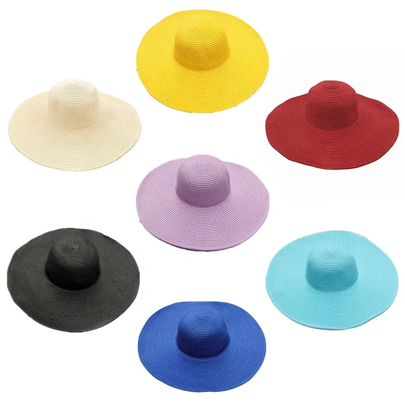 Manufacturer New Style Folding Big Brim Round Straw Hat  for  Women Solid Color Sombrero Sun Hats Outdoor Summer Beach