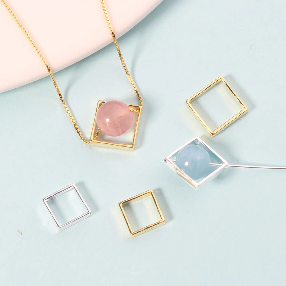 Fit 6mm 8mm Beads 925 Sterling Silver Square Shaped Blanks Pendant Bezel for Gemstone Jewelry Making