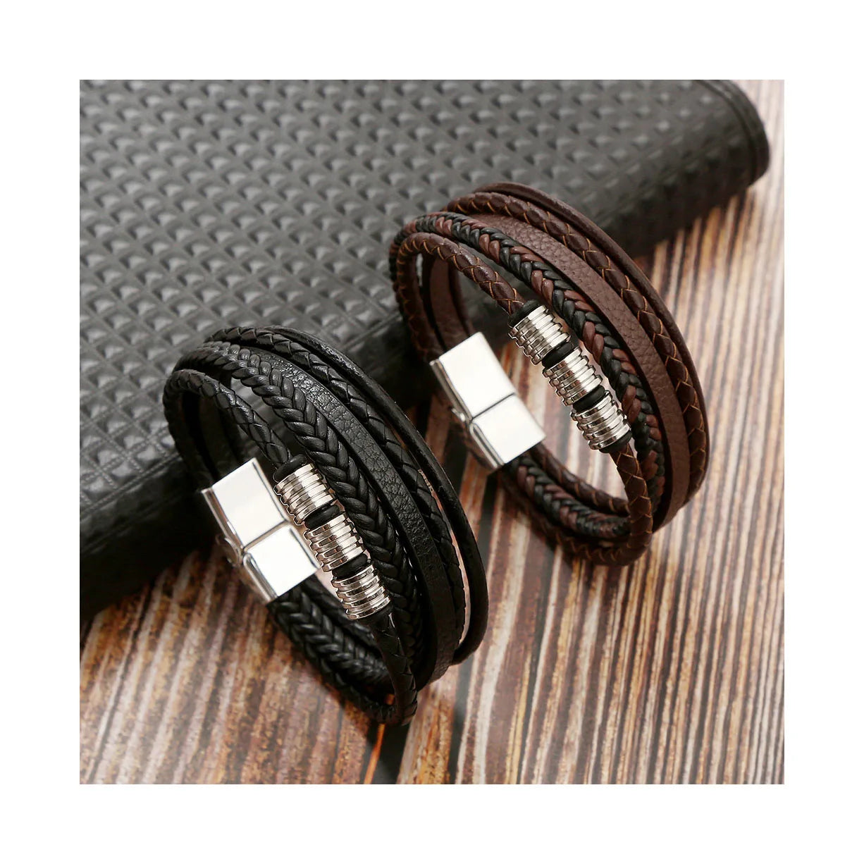 Classic Mens Bracelet Magnetic Clasp Stainless Steel Leather Bracelet for Men Handmade Multilayer Leather Rope Bracelet