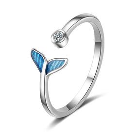 Trendy Female Blue White Opal Open Ring Charm Silver Wedding Rings Cute Crystal Fishtail Engagement Ring for Women Girls