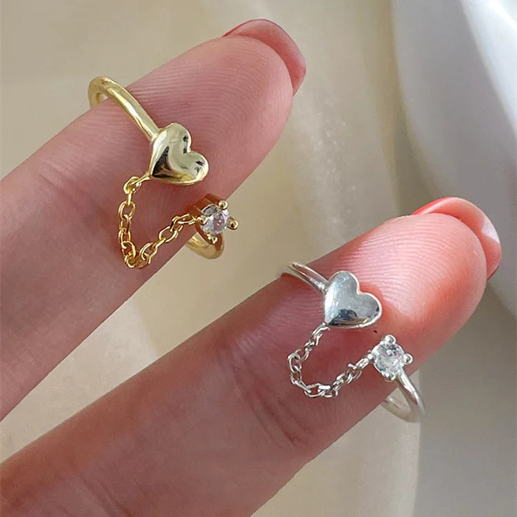 S925 Sterling Silver Heart Chain Ring Ins Light Luxury Design Super Fairy Flash Diamond Fringe Ring Gifts for Women