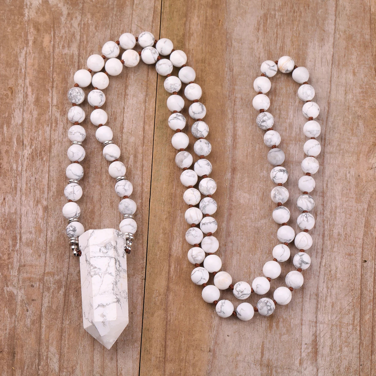 White Howlite Mala Necklace Turquoise Prayer Beads  Healing Points Yoga Jewelry Sweater Necklaces