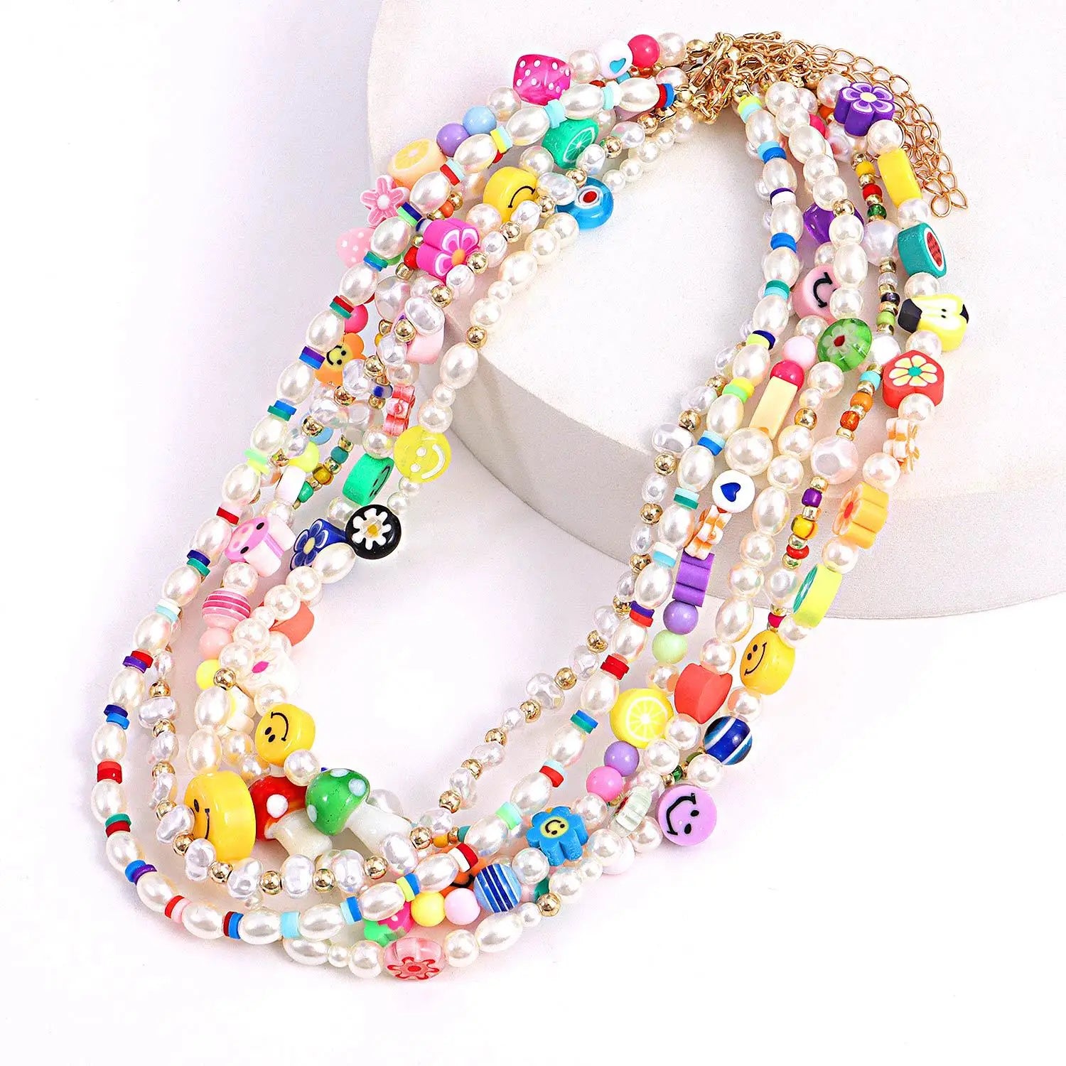 Trendy Multi-Element Cartoon Girls Necklace Diamond-Studded Mushroom Plastic Beads Cute DIY Face Pattern for Parties