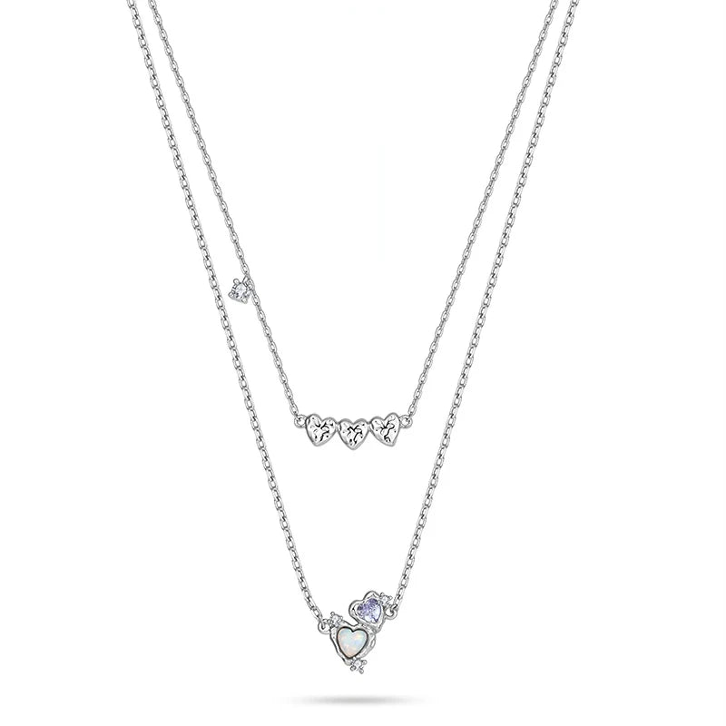 Sterling Silver SwaroDouble Heart Necklace Two Chains White and Purple Crystal Heart Pendant Necklace 925 for Women