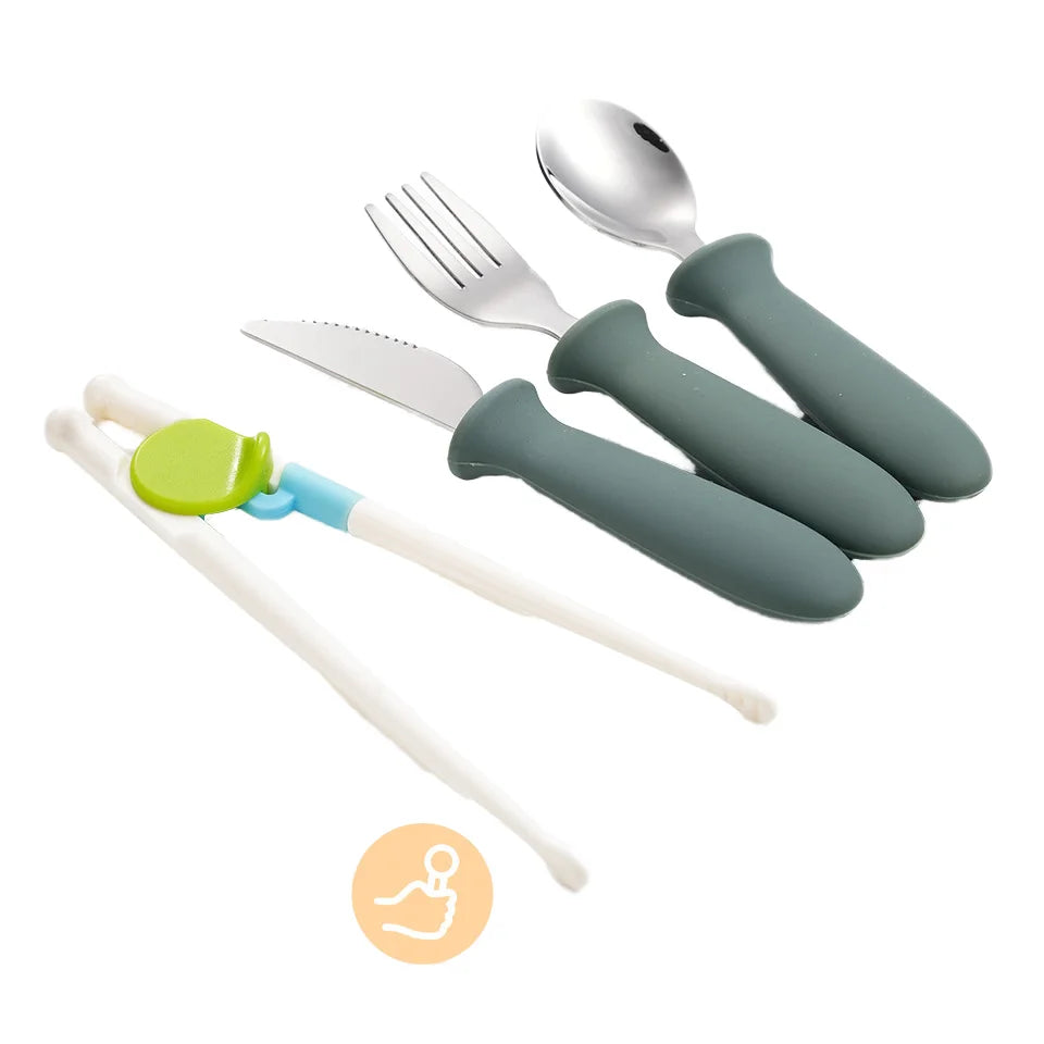 4-Piece Kids Dining Set Stainless Steel Tableware Silicone Handle Practice Chopsticks Spoon Knife for Toddler
