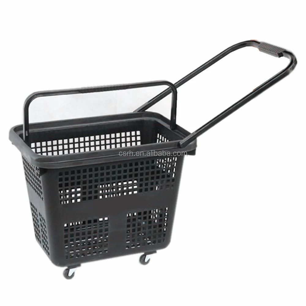 55L Plastic Supermarket Shopping Rolling Basket