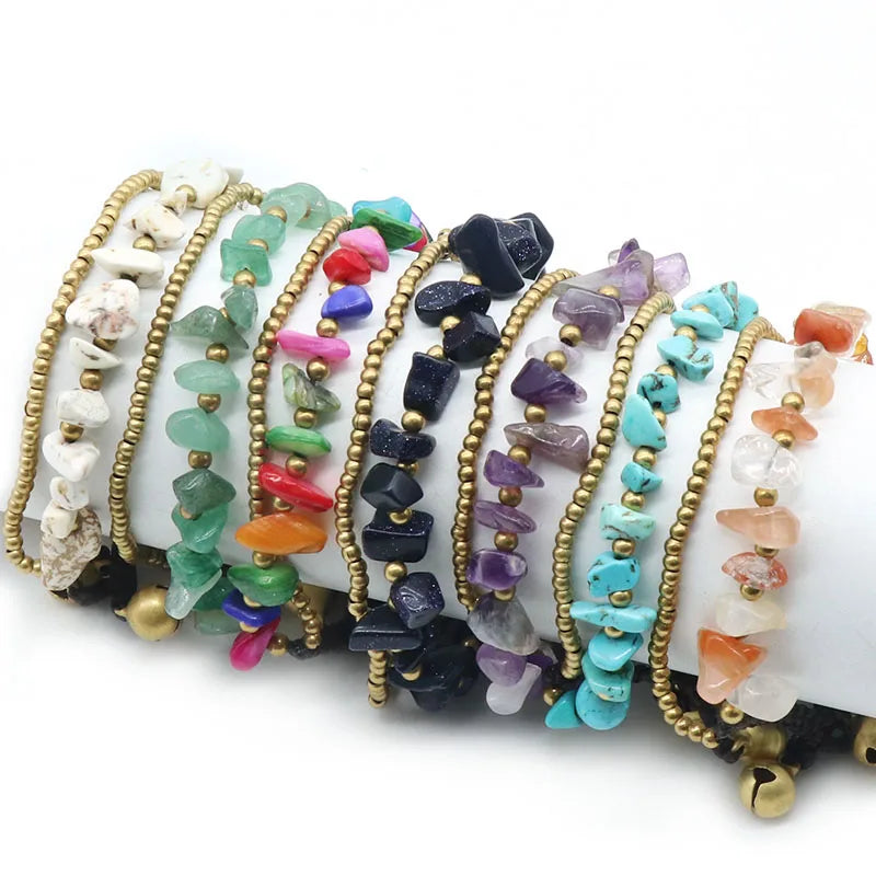 Colorful Natural Chakra Healing Crystal Crushed Stones Chips Men's Bracelet Handmade Jewelry With Brass Beads and Iron Bell