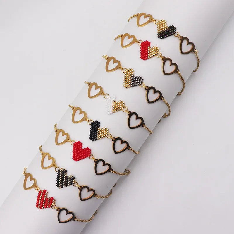 Adjustable Bohemian Style Multi-Color Beaded Heart Bangle Bracelet Handmade Fashion Jewelry for Women Colorful Heart Bracelet