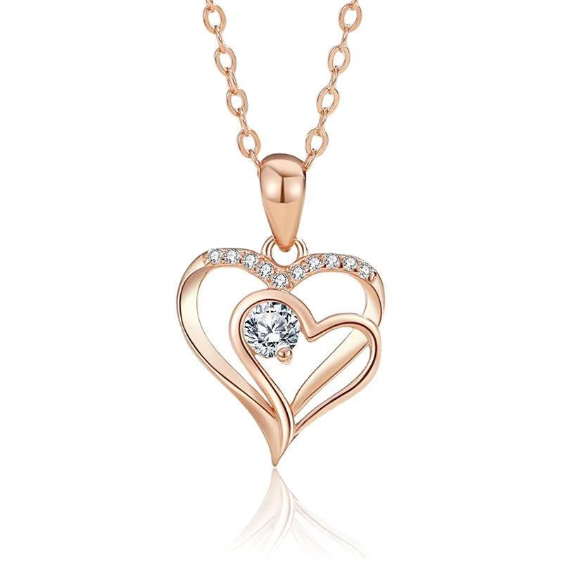 SPJ Wholesale Senior Sense Round Cubic Zirconia Double Heart Pendant for Gift Rose Gold Plated Cubic Zircon Pendant Necklace