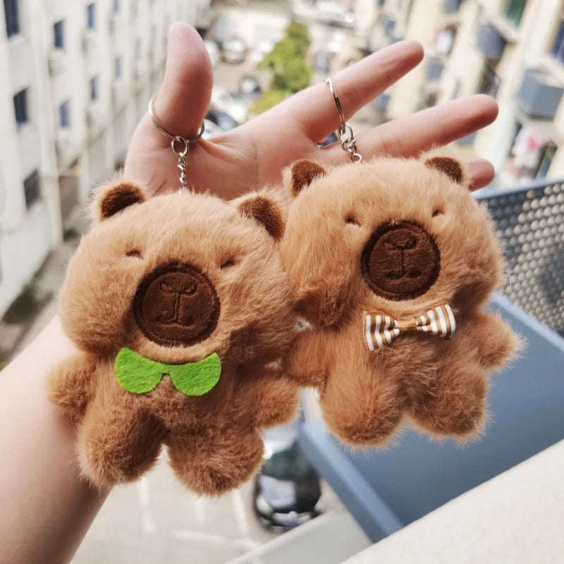 11CM Peluches Bowknot Capibara Keychain Soft Cute Animals Plush Doll Toys Key Chains Kapibala Key Ring Capybara Bow Tie Keychain