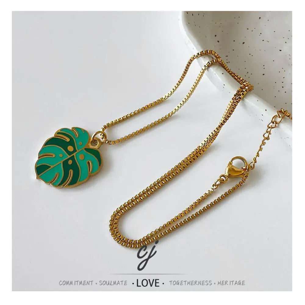 Carline Fashion Jewelry Necklaces with Leaf Inside Green Emerald String Necklace Gold Plated Necklace Gifts for Women