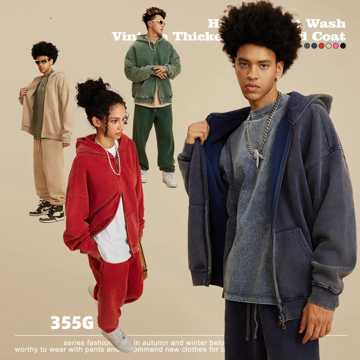 SHINBENE 355GSM Full Zip Crop Hoodies Leisure Acid Wash Polar Fleece Pullover Casual Sports Jacket With Pocket