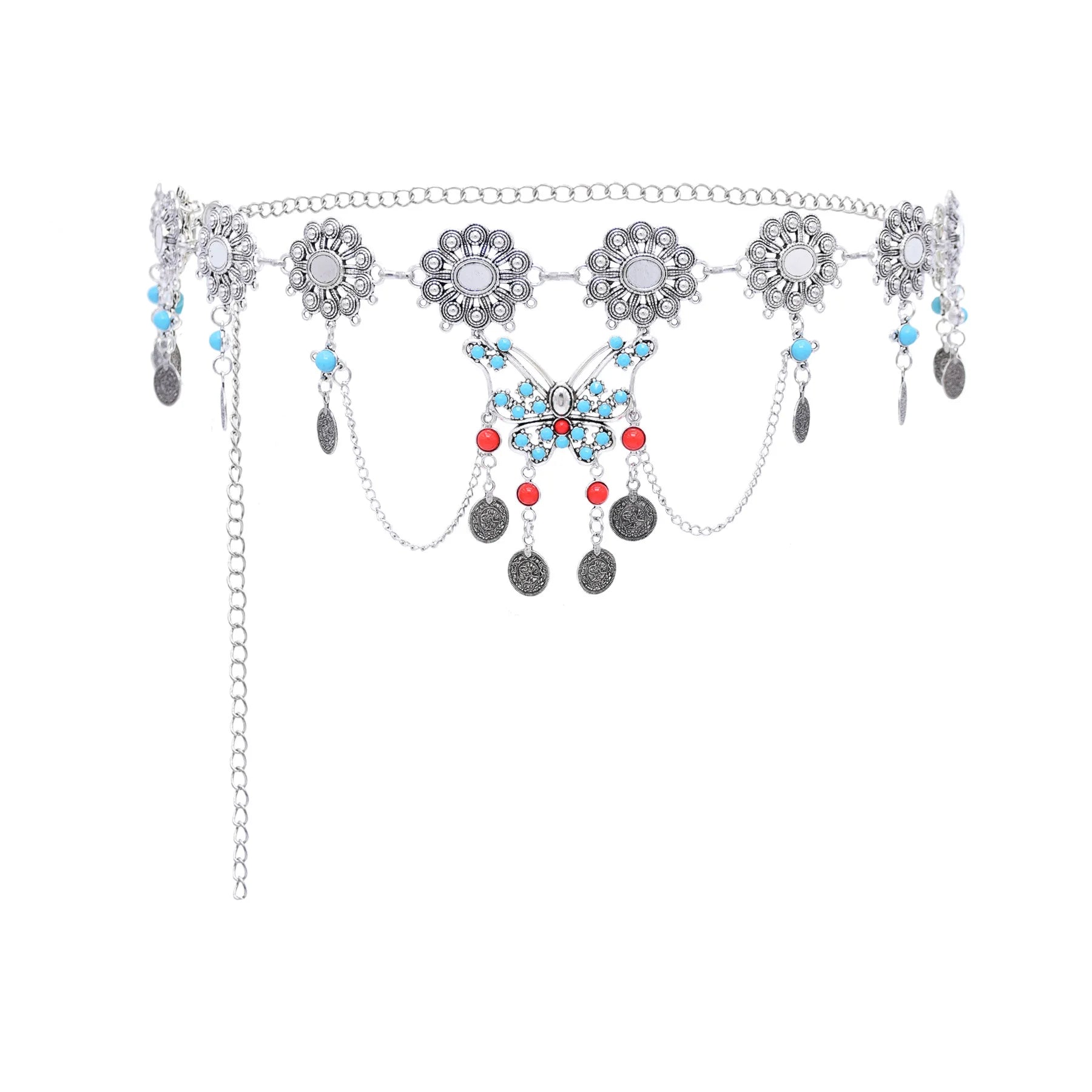Retro Silver Carved Flower Coins Tassel Butterfly Pendant Metal Waist Belly Chains Body Jewelry