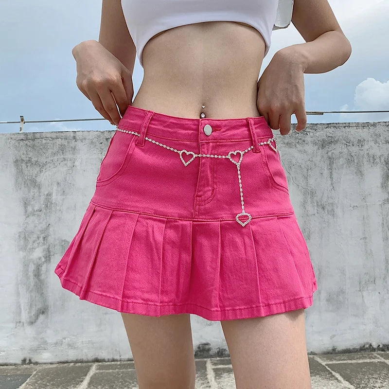 SS23 US Market Hot Selling Ready to Ship Slim Y2K Women's Denim Ruffles Mini Pleated Skirt Natural Waist Eco-Friendly 2Pcs