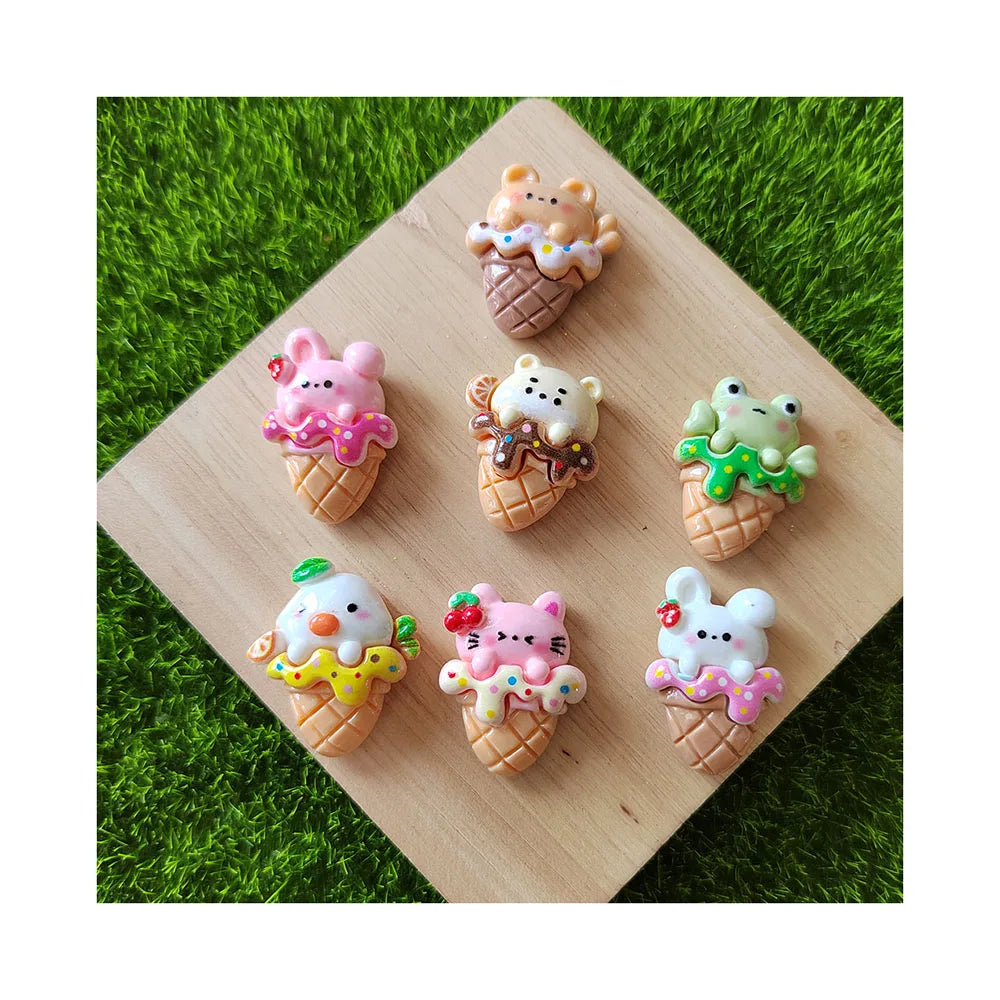 Bulk 100Pcs Kawaii Cartoon Animal Ice Cream Cone Flatbacks Rabbit Cat Frog Chicken Bear Popsicle for DIY Handmade Accessories