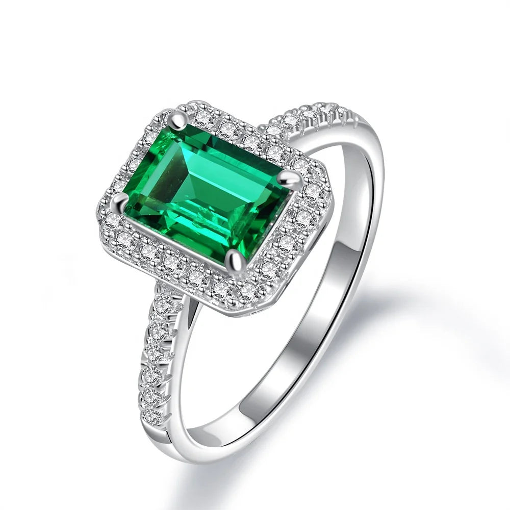 High Quality Classic Style 1.5ct 6*8mm 925 Sterling Silver Lab Grown Emerald Gems Women Ring