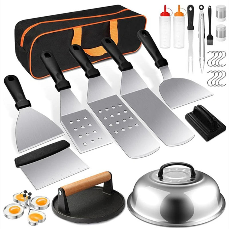 Complete BBQ Grill Set for Men Women Spatulas Scraper Basting Cover and Burger Smasher Flat Top Griddle Accessories Kit