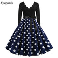 Women Long Sleeve Vintage Polka Dot Dress Pin up Gothic Spring Winter New Year Party Dresses 3XL Black Vestidos Robe