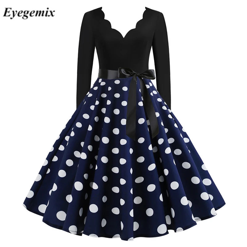 Women Long Sleeve Vintage Polka Dot Dress Pin up Gothic Spring Winter New Year Party Dresses 3XL Black Vestidos Robe