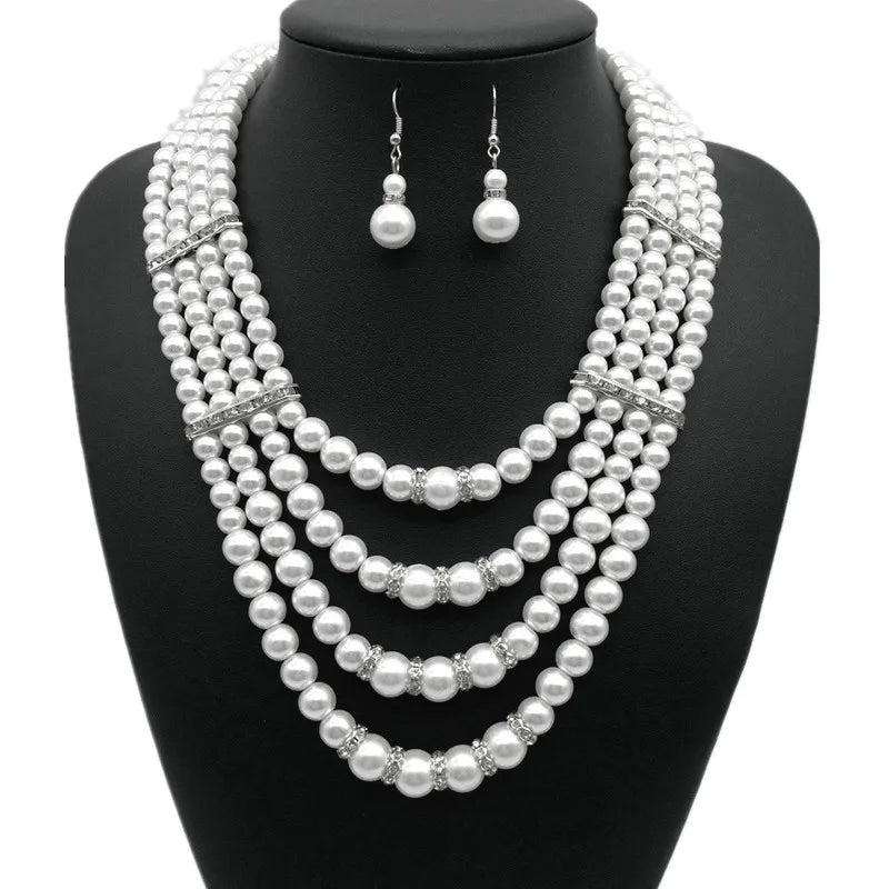 LYX288 Wholesale Fashion Pearls Jewelry Set Multi Layer Pearls Necklace and Earrings Set for Women
