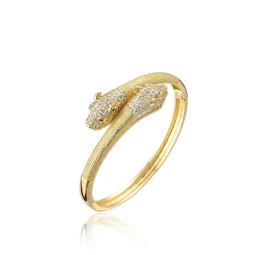 Duyizhao Trendy Double Leopard Head Cuff Bangle Micro Pave Zircon Gold Plated Adjustable Open Fashion Bracelet for