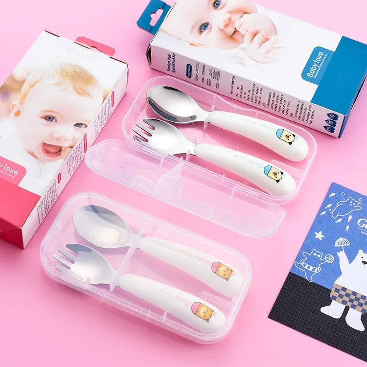 Food Grade 18/8 Metal Material Kids Child Flatware Spoon and Fork Set Kid Stainless Steel Cutlery Set with Plastic Box