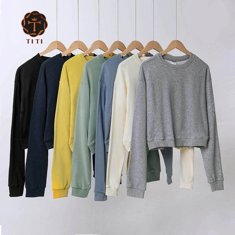 Factory Custom Logo Terry Fabric Oversized Women Short Sweatshirt Drop Shoulder Cropped Crewneck Sweatshirt