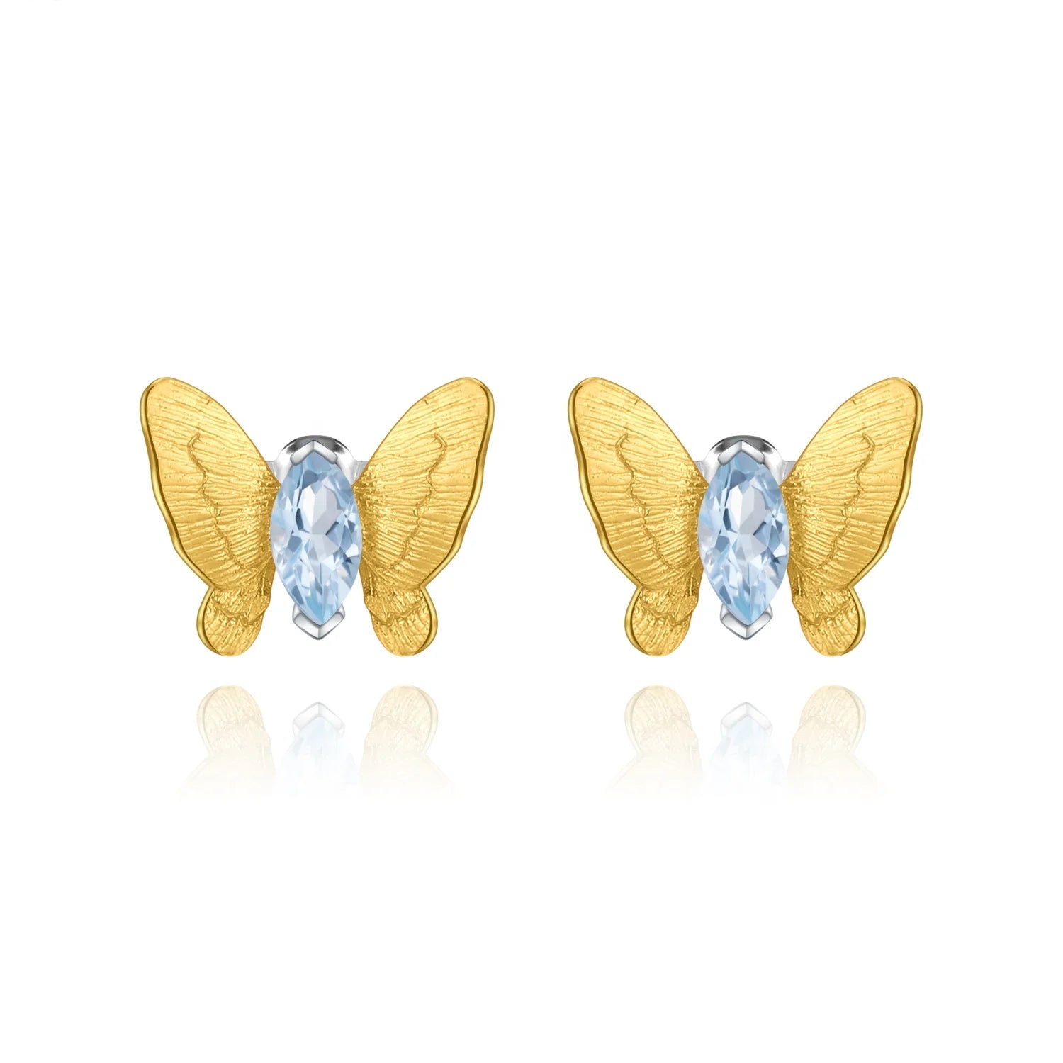 Abiding 925 Sterling Silver Gold Plated Butterfly Custom Natural Sky Blue Topaz Stone Stud Earrings Jewelry for Wedding