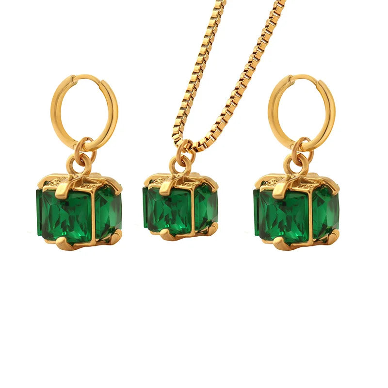 Fashion Hot Selling Retro Stainless Steel Prong Setting Square Dark Green Emerald Zircon Necklace Earrings Jewelry Set