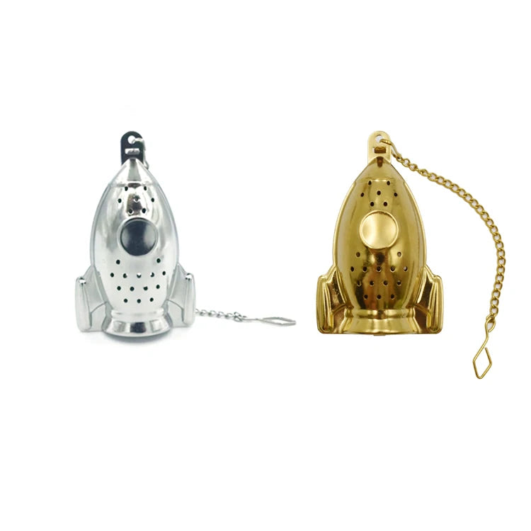 WELAND Gold Silver Color Reusable Rocket Ship Shape Stainless Steel Tea Infuser Strainer with Chain and Tray for Loose Leaf Tea