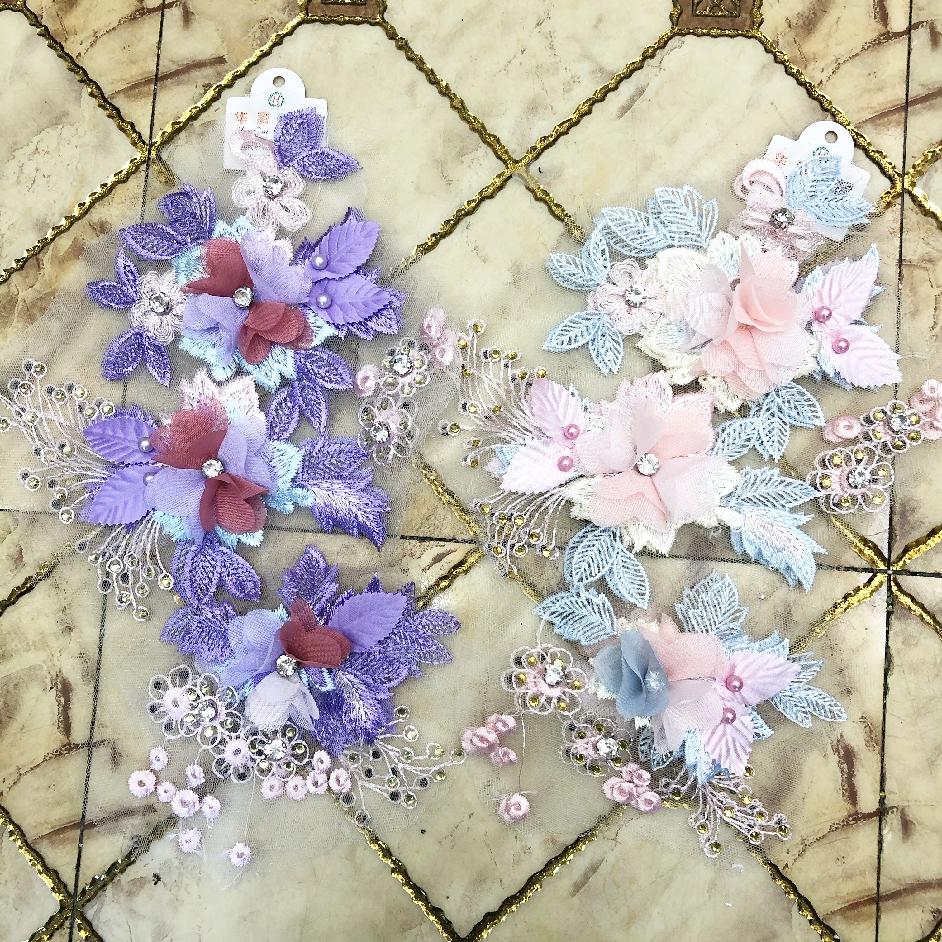 Newest Bead Mesh Lace 3d Applique Flower Embroidery Net Lace With Rhinestones LT2243A