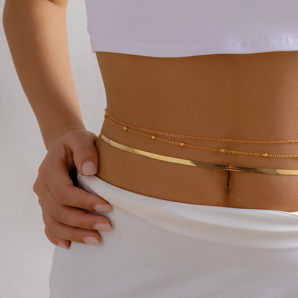 Fashion Women's 18k Gold Metal Beach Jewelry Simple Africa Flat Herringbone Snake Fine Jewelry Body Waist Chain