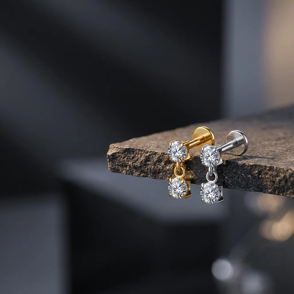 Right Grand ASTM F136 Titanium 16G Double CZ Floating Dangle Tragus Helix Cartilage Stud Internally Threaded Charm Drop Earring