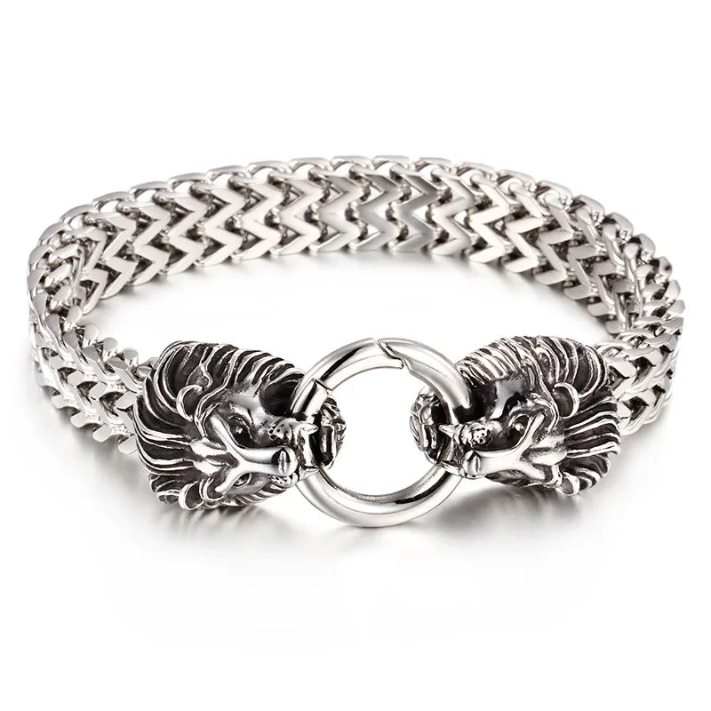 Cool Big Heavy Mens Lion Skull Wolf Head Locking Stainless Steel Bracelets Biker Jewelry