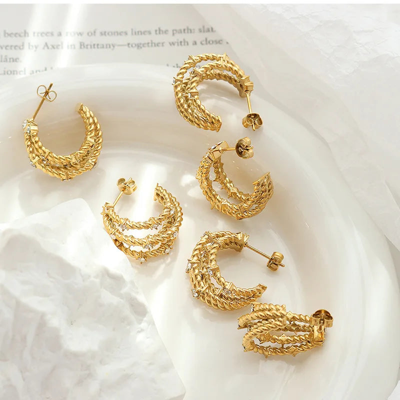 18k Gold Plated Stainless Steel Tarnish Free Rope Twisted with Zirconia Triple Hoop Earrings