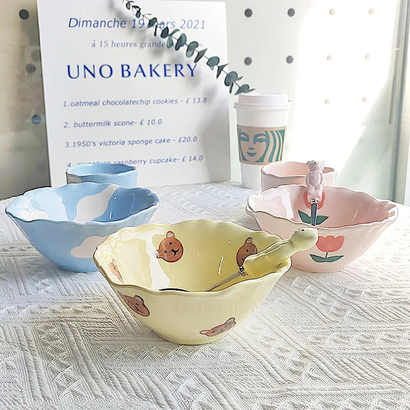 Solhui Hand Made Irregular Bear Tulip Ceramic Bowl Cute Hand-painted Cartoon Cloud Breakfast Salad Bowl